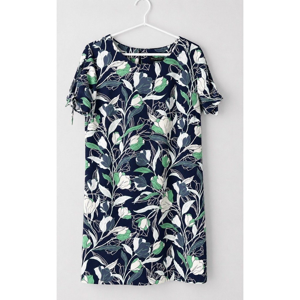 Banana Republic Medium M Navy Floral Tie Sleeve Keyhole Button Crepe Shift Dress